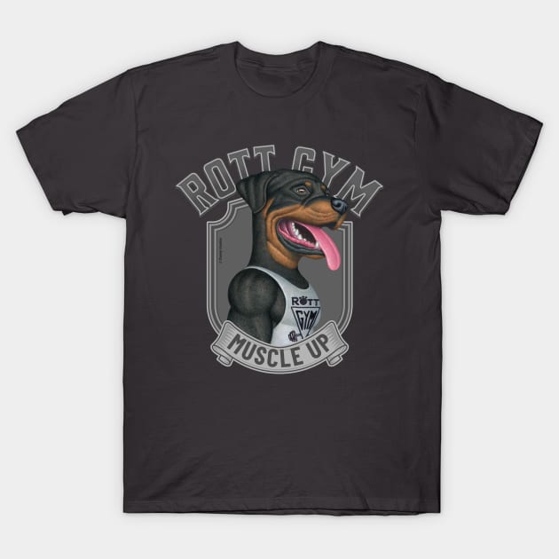 Cute Rottweiler with muscles going to Rott Gym T-Shirt by Danny Gordon Art